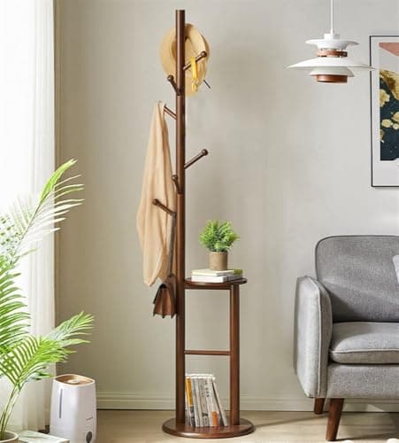 Natural Wooden Coat Tree with Organizer Tray and Shelf