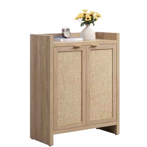 SICOTAS 6-Tier Rattan Shoe Cabinet, 41" Tall, 24 Pair Storage with Doors & Shelves, Light Oak Boho Entryway Closet Organ