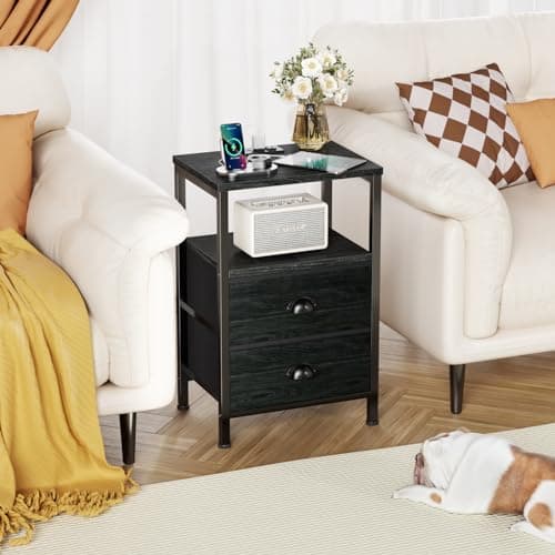 Furologee Black Nightstands with Charging Station and LED Lights