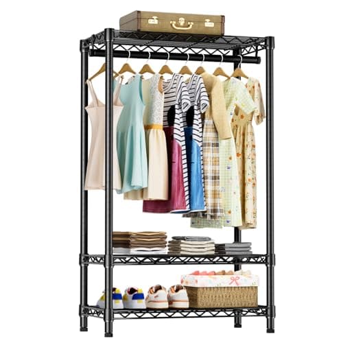 3-Tier Heavy Duty Wire Clothes Rack with Double Rods & Hooks, Freestanding Storage Wardrobe