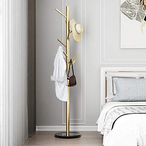 Jolitac Golden Satin Steel Coat Rack with Marble Base & Hooks