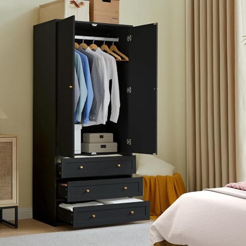 71" Wooden Wardrobe Armoire with 4 Doors & 6 Drawers for Bedroom Storage