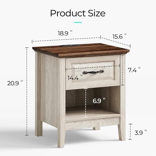 LINSY Beige Farmhouse Wood Night Stand with Type-C Charging Drawer