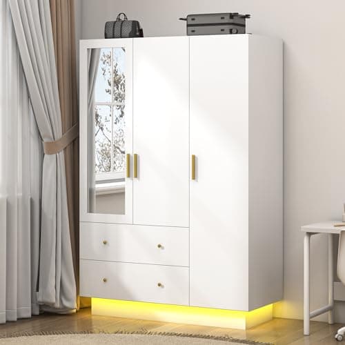Modern White 3 Door Wardrobe with Mirror & LED Lights, Bedroom Armoire Drawers & Shelves