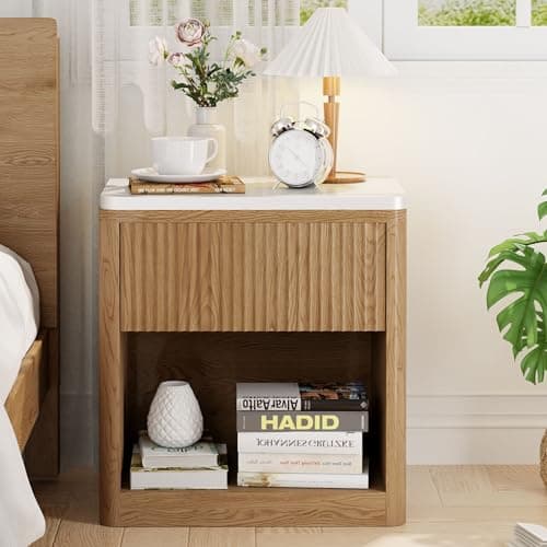 Yusong Natural Oak Fluted Nightstand with Drawer, Large Bedside Table