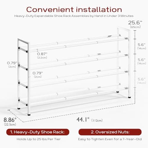 Sturdy White Metal 4-Tier 18"-44" Adjustable Shoe Rack, Stores 20-24 Pairs