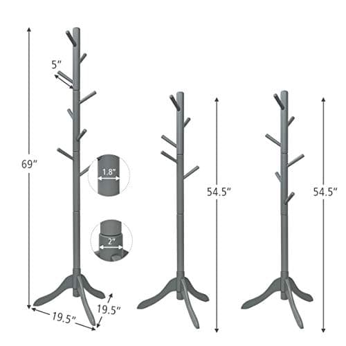 Tangkula Adjustable Height Wooden Tree Coat Rack with 8 Hooks