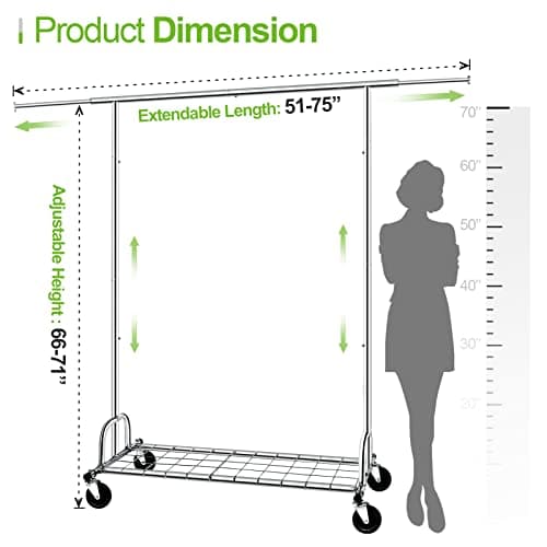 Sturdy 75" Collapsible Metal Rollable Clothes Rack, 480LBS Capacity, Chrome Silver