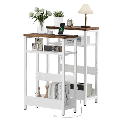 IBUYKE Narrow Side Table Set of 2 with Charging Station, White and Brown UTMZ006W-2