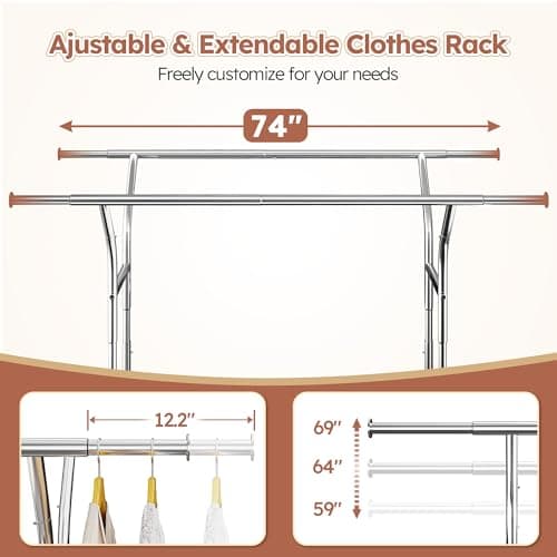 Raybee Heavy Duty Clothing Rack with Wheels, Load 630LBS, Adjustable 74" W x 25" D