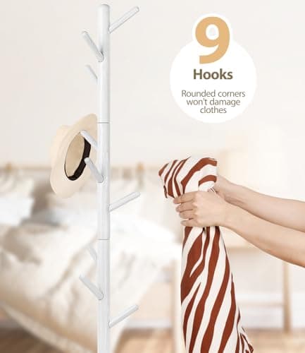 3 Height Adjustable Solid Wood Coat Rack with 9 Hooks (White)