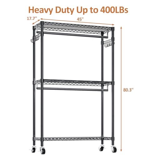 Heavy Duty 3 Tiers Garment Rack with Hanging Rods & Hooks, Black