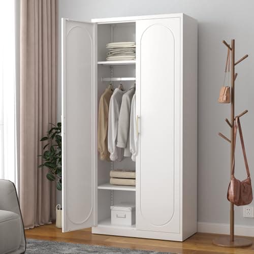 White Metal Armoire Wardrobe 71" Tall with Shelves and Rod