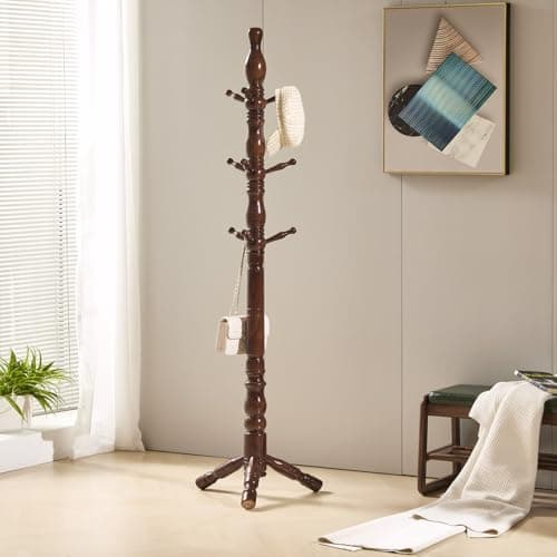 Walnut Freestanding Hall Tree with 3 Heights & 9 Hooks for Home Office
