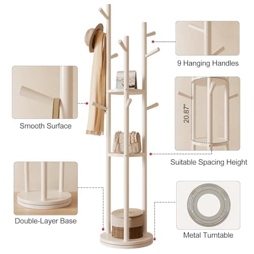 KungFuWood KASLANDI Solid Wood Coat Rack, 3 Shelves 9 Hooks, White
