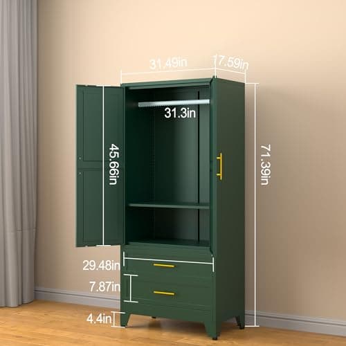 Green Metal Armoire Wardrobe with Shelves and Rod (71")