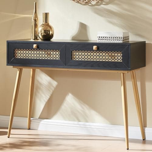 Rustic Oak Narrow Sofa Table with Drawers & Shelf, Modern Living Room Console
