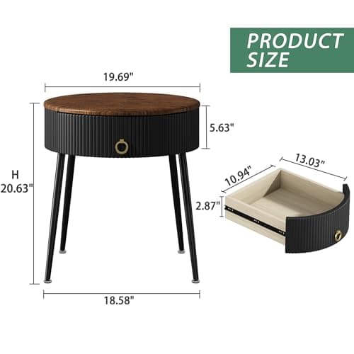 OIOG Modern Brown and Black Side Table Set, Round Nightstand with Drawer