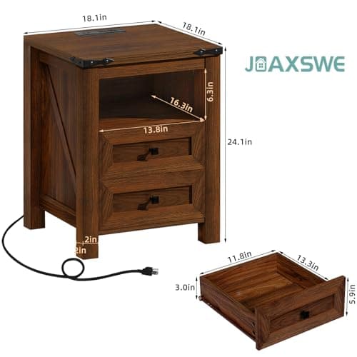 Rustic Brown Nightstands Set of 2 with Charging Station & Drawers