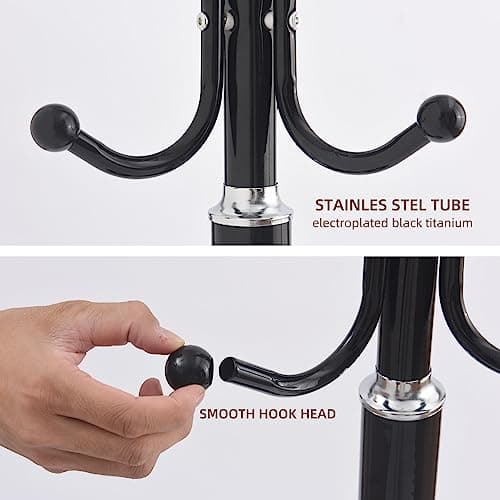 Black Freestanding Metal Coat Rack with 12 Hooks & Natural Marble Base
