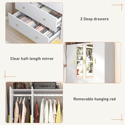 White 4 Door Armoire Wardrobe with LED Mirror and Storage