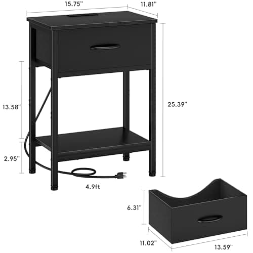 Vagusicc Charging Nightstand Set, Black, 25.4" Tall, Bedside Table with Storage