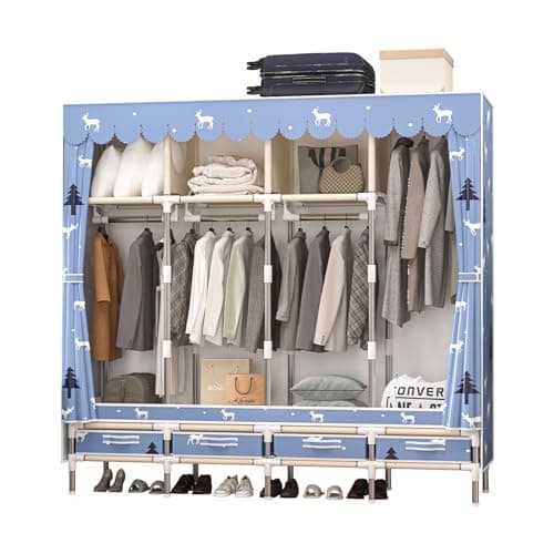 Large Grey Metal Closet with 4 Hanging Rods & Drawers, Non-Woven Dust Cover, 66.93in High, Bedroom Storage