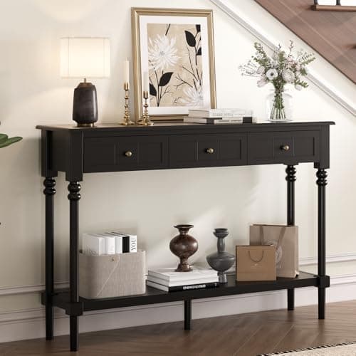 47" Entryway Table with Drawers & Shelf, Black Wood Console
