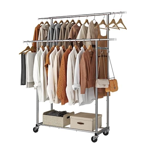 Trending Double Rod Clothing Rack with 4 Hooks & Wheels, Chrome