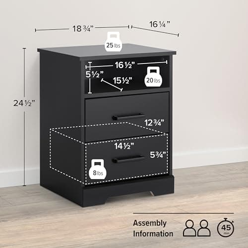Prepac Rustic Ridge Black Nightstand, 2 Drawers + Shelf for Bedroom