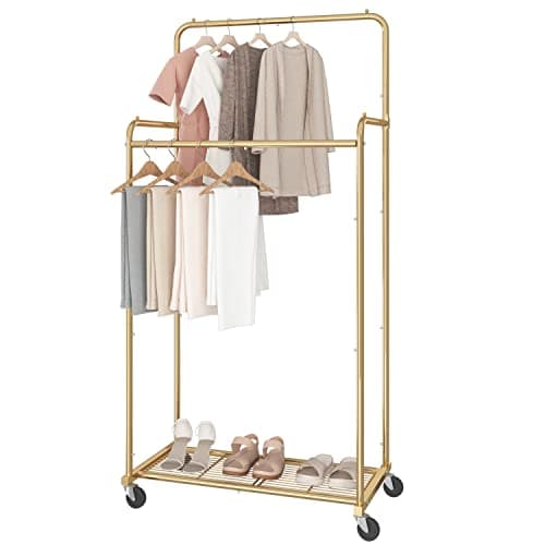 Heavy Duty Gold Rolling Clothing Rack with 4 Hooks for Hanging Clothes