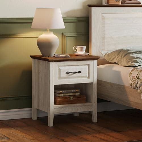 LINSY Beige Farmhouse Wood Night Stand with Type-C Charging Drawer