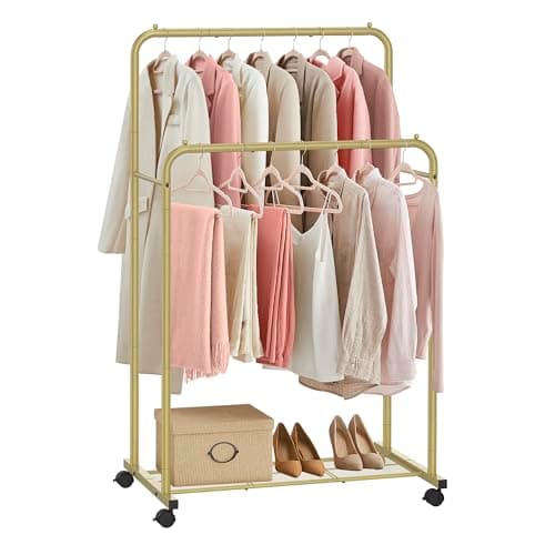 SONGMICS 25.4 mm Metal Coated Clothes Rack with Dense Mesh Shelf, 110 lb Capacity, 2 Brakes, Black