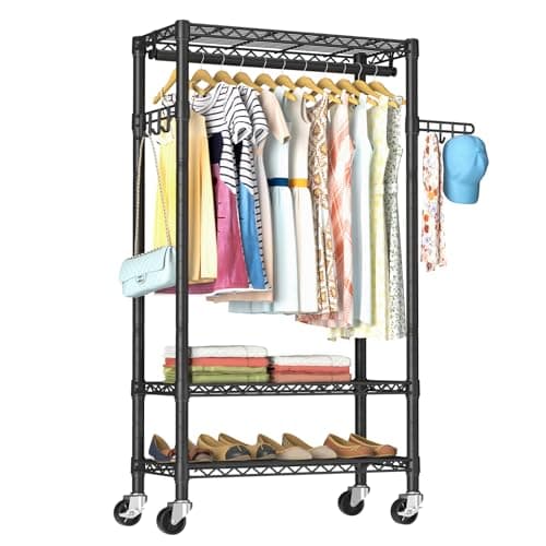 3-Tier Heavy Duty Wire Clothes Rack with Double Rods & Hooks, Freestanding Storage Wardrobe