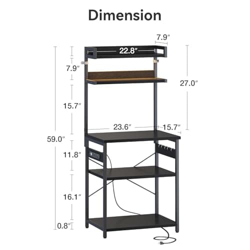ODK 5-Tier Bakers Rack with Power Outlet, Black Kitchen Shelf