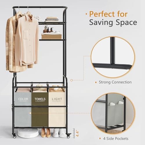 Gewudraw 3-Section Laundry Hamper Cart with Hanging Rack & 2-Tier Shelf