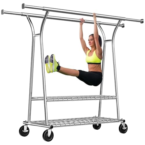 Raybee 78" W Heavy Duty Clothing Rack, 650LBS Load, Shelves & Wheels, Portable & CollapsibleChrome