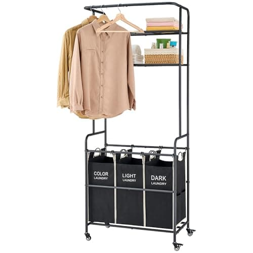 Gewudraw 3-Section Laundry Hamper Cart with Hanging Rack & 2-Tier Shelf