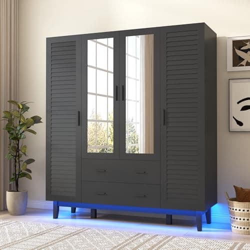 2 Door White Armoire Wardrobe with LED Lights & Large Storage