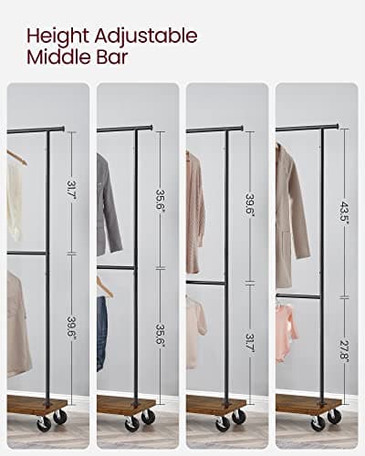 VASAGLE Extendable Clothing Rack with Wheels, Rustic Brown and Black URGR111B01V1