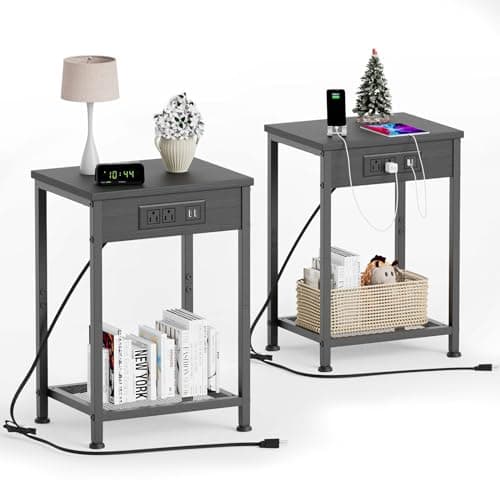 Fixwal End Table Set of 2 with Charging Station (Light Walnut Gray)