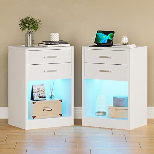ADORNEVE Black Nightstands Set of 2 with Charging and LED Lights