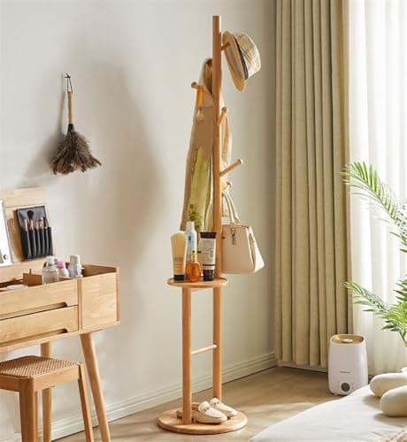 Natural Wooden Coat Tree with Organizer Tray and Shelf