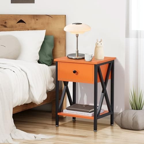 VECELO Modern Bedside Table with Drawer & Shelf, Industrial Metal Frame