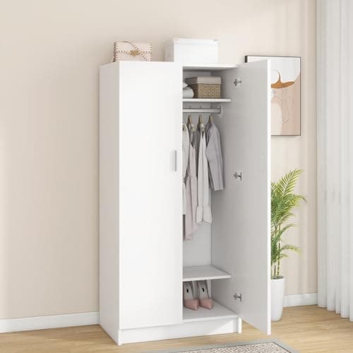 Panana 2 Door Wood Wardrobe with Hanging Rail & Shelves, White Bedroom Armoire