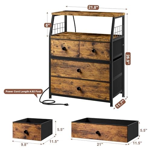 EnHomee Rustic Brown Nightstand with Charging & LED Lights, 4 Drawer Bedside Table, Wood Shelf, 2 USB Ports