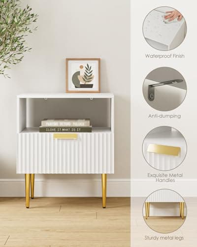 Mid Century Modern Gold Frame Nightstand with Drawer & Shelf, White Bedrooms & Living Room Dresser