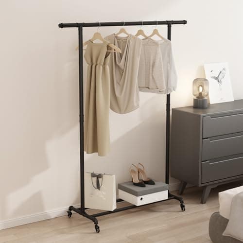 Heavy Duty Black Metal Pipe Clothing Rack with Wheels for Home Use