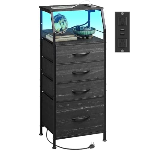 Black WLIVE Nightstand with Charging Station, 4 Drawer Dresser & LED Light