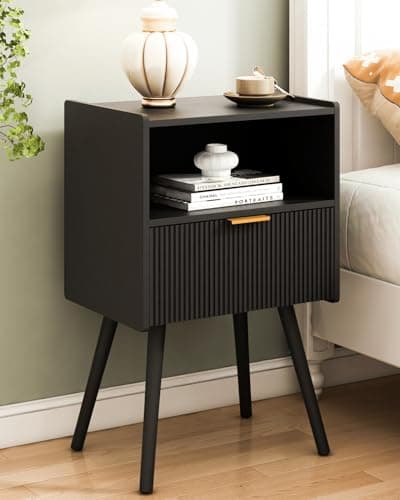 Black Modern Nightstand with Outlet and Storage, Solid Wood Legs, Easy Assembly